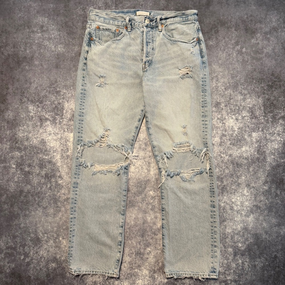 AE77 The Western Straight Leg Jean 29 Light Wash Distressed Ripped Premium Denim
